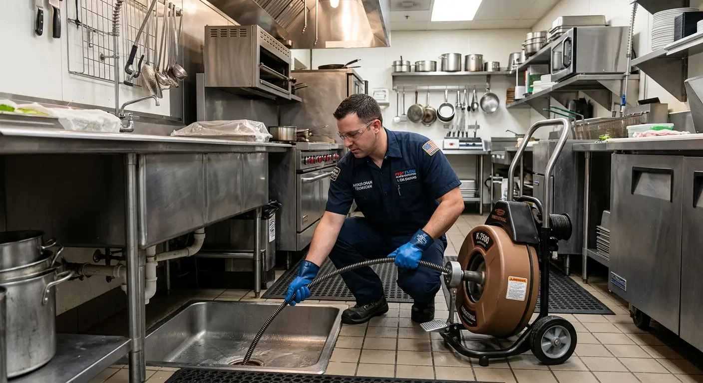 Commercial drain cleaning service in a restaurant kitchen in South Gate Ridge