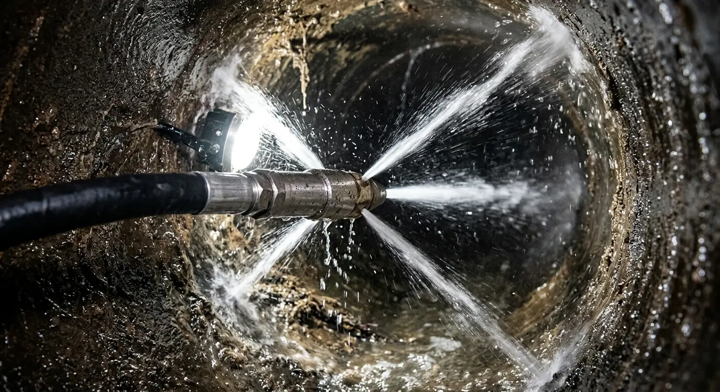 High-pressure hydro jetting nozzle cleaning sewer pipe for Emergency Drain Service in South Gate Ridge