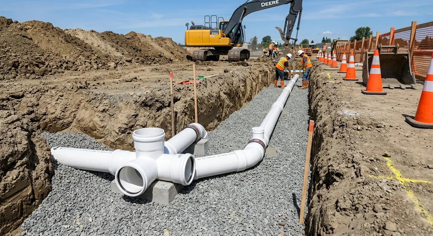 New PVC sewer pipe installation in open trench for Sewer Backup in South Gate Ridge